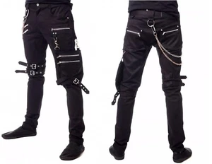 Unisex Gothic Punk Bondage Pants Black Strap Chain Zipper Skinny Trousers - Picture 1 of 4