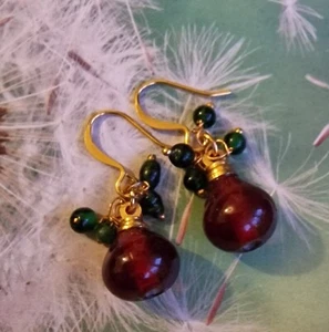 Dainty Deep Cherry Red Pear Shape Glass Dangly Earrings Handmade Upcycled Xmas - Picture 1 of 5