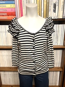 H&M Ladies UK 8 10 Cardigan Jumper Striped Cotton Ruffles Scoop Neck 3/4 Sleeve - Picture 1 of 9