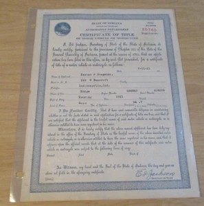 Certificado de Automóvil de Colección 1921~"DODGE TOURING CAR"~Documento INDIANA~ - Imagen 1 de 5