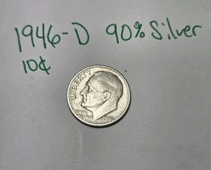 Moneda de diez centavos Roosevelt 1946-D 10C 90 % plata - Imagen 1 de 2