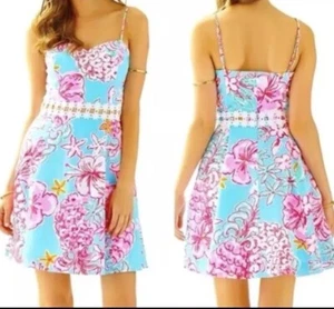 Lilly Pulitzer Size 6 Lenore Lolita Dress Cutouts Sunglow Breakwater Blue Print - Picture 1 of 9
