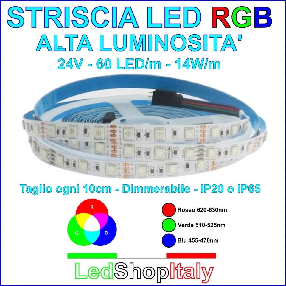 Strisce LED RGB 24V 14W/m 60LED/m IP20 o IP65 dimmerabile - Immagine 1 di 1