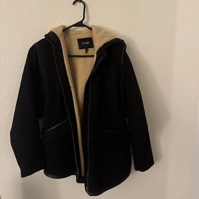 MAJE Abrigo trasero acampanado ribete cuero negro totalmente forrado FR36 S Foto 1 de 4