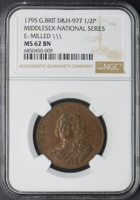 1795 Great Britain Middlesex 1/2 Penny NGC MS62BN Princess of Wales ✪COINGIANTS✪ - Image 1 of 2