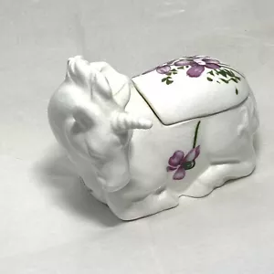 Scatola portagioie unicorno cinese osso bianco vintage dipinta a mano fiori viola Taiwan 3,5" - Foto 1 di 12
