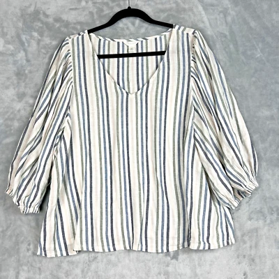 Tops Caslon para mujer grandes de mezcla de lino. Blusa pulóver a rayas manga abullonada Foto 1 de 4