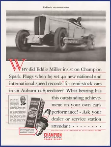 Vintage 1933 CHAMPION Spark Plugs Eddie Miller Speed Records 1930's Print Ad - Picture 1 of 1