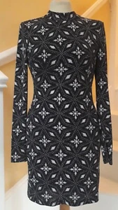 Topshop silver snowflake sparkle on black long sleeved stretch dress 10 Exc Cond - Picture 1 of 12
