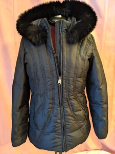 Women’s VIA SPIGA Black Winter Down Jacket Coat W/ Hood & Real Fur, Size M - Picture 1 of 9