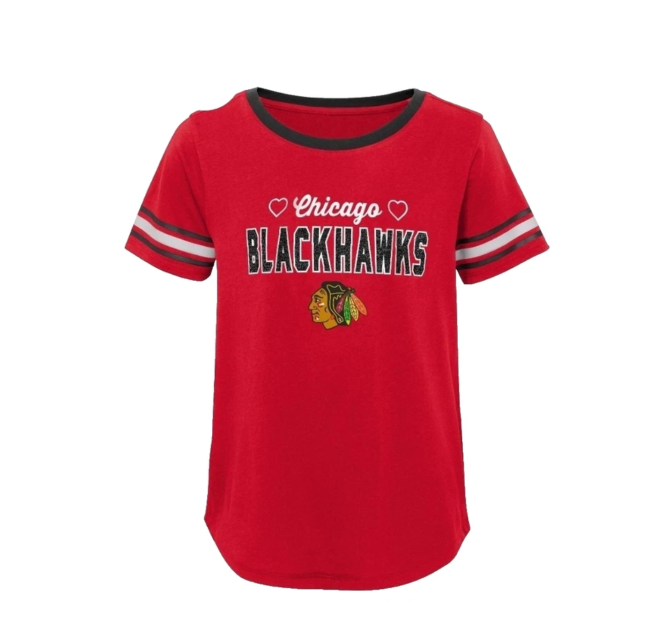Chicago Blackhawks Girls' Red Hearts & Glitter Logo Varsity Tee -- Large 10/12 - Image 1 of 4