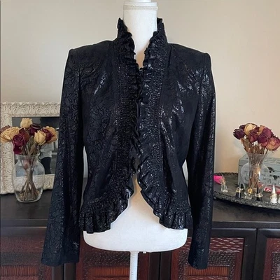 Jaqueta de couro Lafayette 148 New York preta metálica com babado enfeitada tamanho 10 - Imagem 1 de 4