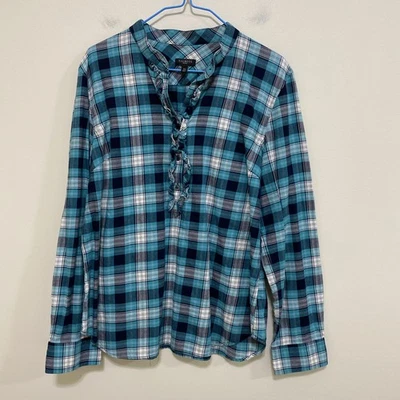 Talbots 12P Teal Plaid Ruffled Popover Tunic Long Roll Tab SLeeve Cotton - Image 1 of 4