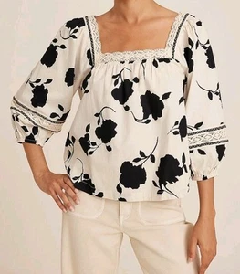 Maurices Blouse Women Large White Black Floral Lace Trim Square Neck Puff Sleeve - Picture 1 of 7