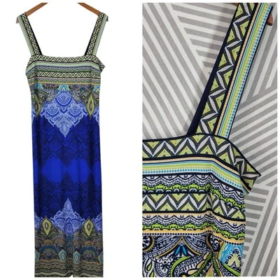 Vestido Camisa Dressbarn Talla 16 Maxi Largo Elastizado Azul Verde Vintage Y2K Foto 1 de 4