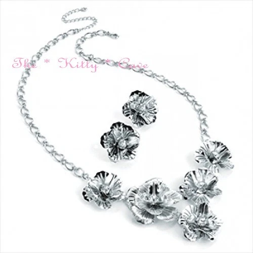 Rhodium Silver Crystal Chic 3D Rose Flower Feature Textured Necklace Earring Set - Image 1 of 1