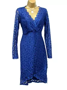 Lipsy Blue Lace Long Sleeve Dress 12 Bodycon Occasion Evening Wedding Scalloped - Picture 1 of 11