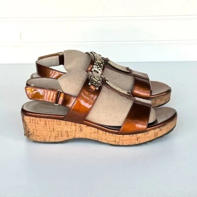 TARYN ROSE Size 8 Noel Golden Plates Cork Platform Sandal Mocha Patent Leather - Image 1 of 4