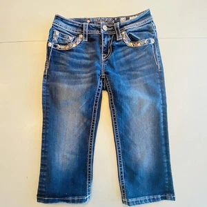Miss Me Blue Jeans Girls Size 14 Cuffed Capri JK7115P2 Flap Pocket Rhinestone - Picture 1 of 8