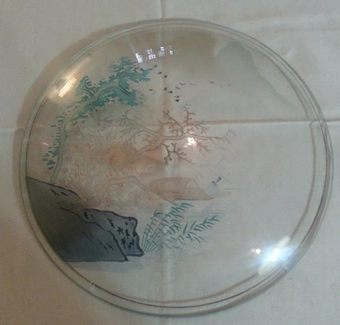 13" Round Curved Glass Oriental Artwork Fishing Scene Etched & Frosted BEAUTY! Cover