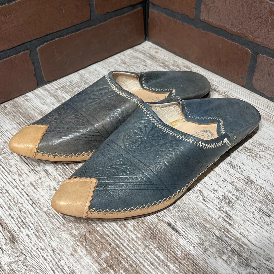 Moroccan Slipper Shoes Babouches Extra Maroc Woman’s Size 8.5 Blue Tan - Image 1 of 4