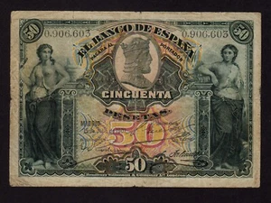 Spain:P-63a, 50 Pesetas, 1907 * Woman * F-VF * - Picture 1 of 2