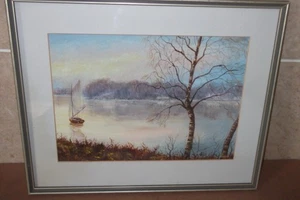 GERAHMTES 35 CM + 24 CM BOOT AUF FLUSS + WALD/BAUM ACRYLGEMÄLDE VON DIANE ZAKSS - Bild 1 von 15