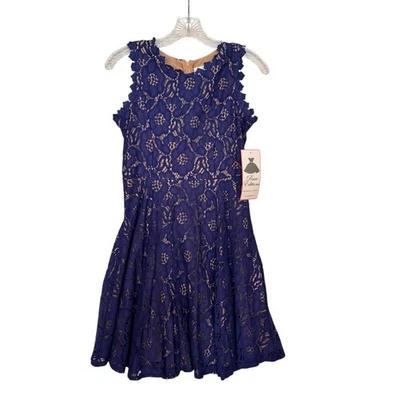 Rare Editions Big Girls Size 16 Lace Skater Crochet Detail Blue Dress NEW - Image 1 of 4