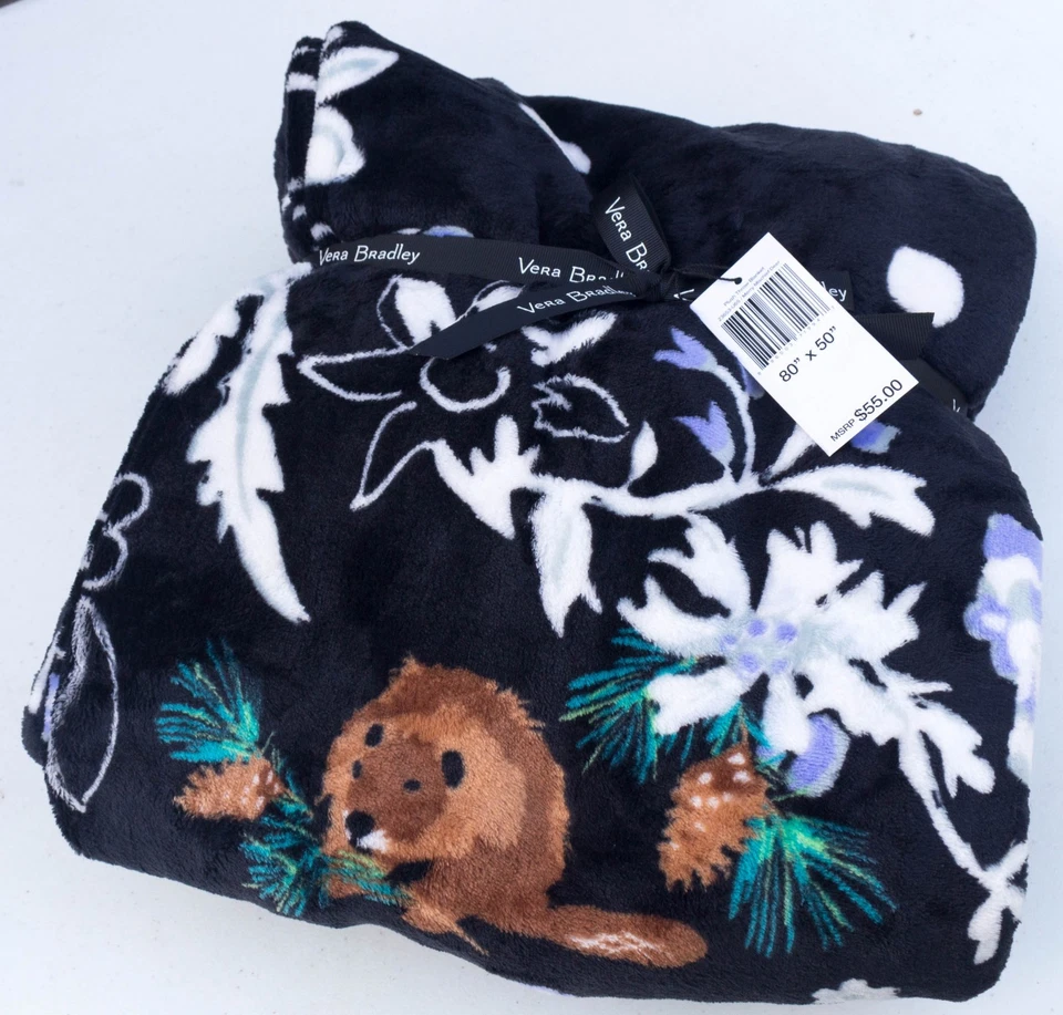 Vera Bradley Throw Blanket Merry Mischief Deer Black Multi Floral RARE