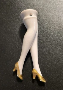 Pin Cushion/Powder Puff Porcelain Half Legs White with Gold Shoes Vintage - Picture 1 of 6