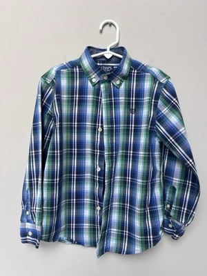 Camisa Chaps Niño Talla 6 Azul Blanco A Cuadros Abotonada Manga Larga Dobladillo Curvo Foto 1 de 3