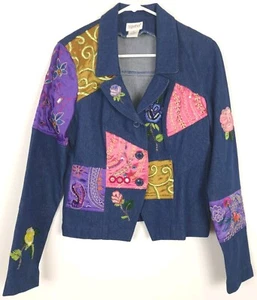 Vintage Together Denim Jean Jacket Womens Sz 8 Patchwork Floral Embellished Y2K - Picture 1 of 12