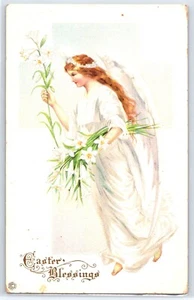 Antigua postal de vacaciones de Pascua en relieve - Ángel con flores (1908) - Imagen 1 de 2