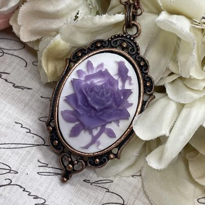 COPPER Purple Lavender Rose Heart Wedding Jewelry White Birthday necklace Cameo - Image 1 of 4