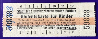 Städtische Sommerbadeanstalt Cottbus alte Entrittskarte Ticket Billett  von 1943 - Bild 1 von 2