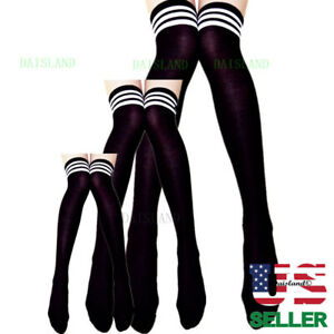 3 Women Socks Stockings Cable Knit Long Stripe Over Knee Thigh High School Girls