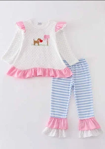 Girl's Boutique Pink Stripe Valentine Heart Puppy Embroidery Embroidered Romper - Picture 1 of 7