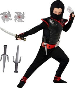 Kids Black & Red Ninja Costume + Toys Boys Girls Samurai Warrior Suit Halloween
