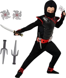 Kids Black & Red Ninja Costume + Toys Boys Girls Samurai Warrior Suit Halloween - Picture 1 of 6