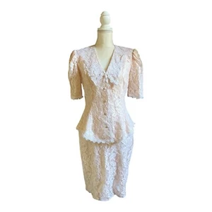 Vintage Scott McClintock Skirt Suit Set Light Pink Lace Designer Workwear US 10 - Picture 1 of 11