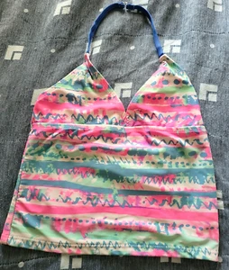 OP Girls Pink/Blue/Green Abstract Stripe Dot Halter Tankini Swimsuit Top M 7-8 - Picture 1 of 3