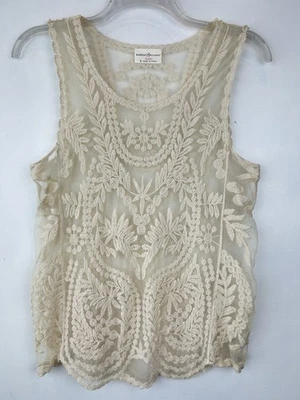 Ivory Embroidered Lace Top Womens S Open Knit Sheer Festival Hippie Boho Tank - Image 1 of 4