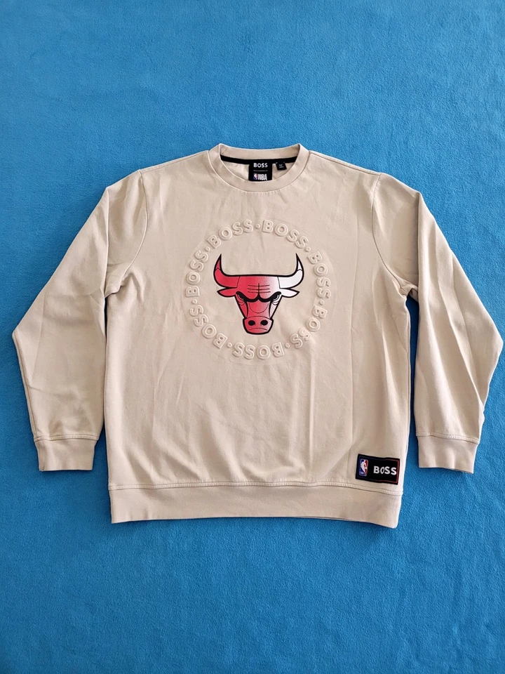 Hugo Boss x NBA Chicago Bulls Knit Sweatshirt Crewneck Embossed Sz XL Beige - Image 1 of 4
