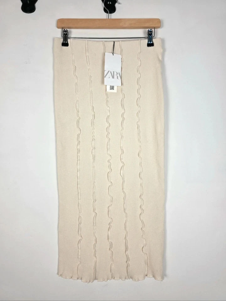 ZARA Knit Skirt Womens | UK M | Ribbed Cream Knitted Midi Skirt - Image 1 of 4