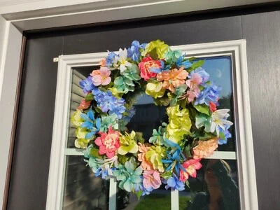 FLORAL ÚNICA CORONA FLORES DECORACIÓN PUERTA DELANTERA 16" PÚRPURA AZUL NARANJA NUEVO Foto 1 de 4