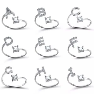 Fashion CZ Adjustable 26 Initial Letter Ring For Women Jewelry Friendship Gift - Photo 1 sur 32