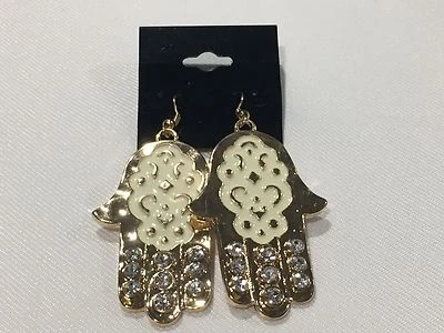 1 PAR Pendientes Colgantes Hamsa Tono Crema y Dorado con Estrás  Foto 1 de 2