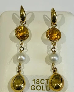 18ct Gold Earrings Citrine & Pearl Hook Wire Fittings 750 UK Hallmark - Picture 1 of 2