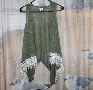 ** Self Esteem® Semi-Sheer Green Sleeveless Fashion Vest w/White Fringe - Size L - Picture 1 of 5