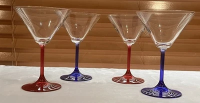 Juego de 4 vasos de martini vintage rojo azul tallo soplado a mano para bar de cócteles cristalería Foto 1 de 4